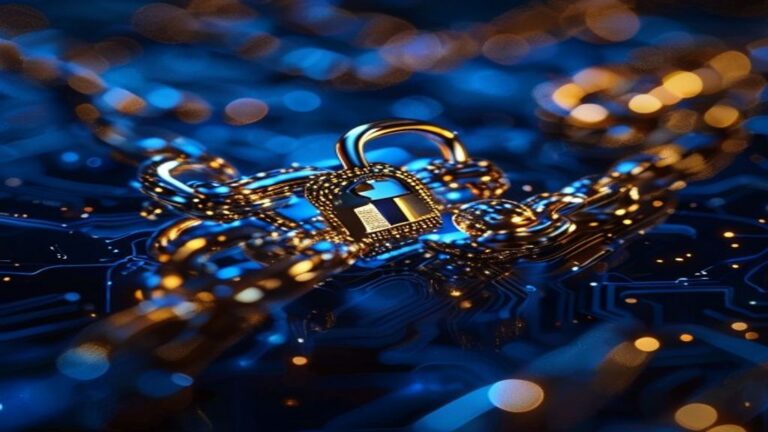 Golden chain wrapped around circuit board with glowing padlock representing cybersecurity for freelancers