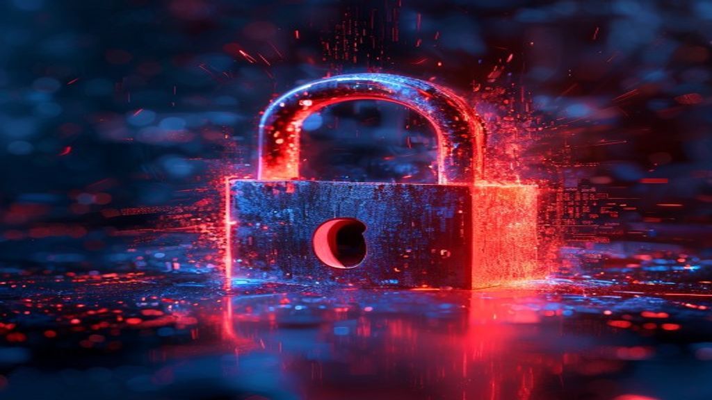 Glowing red padlock breaking apart into binary code particles representing AI cybersecurity breach