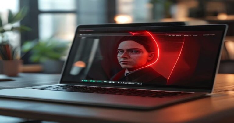 Deepfake video call detection warning on laptop