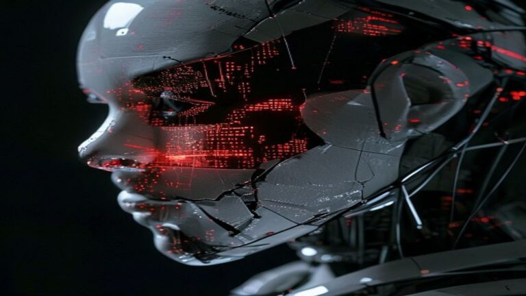 Cracked robot mask with glitching pixels representing AI deepfake scams targeting freelancers